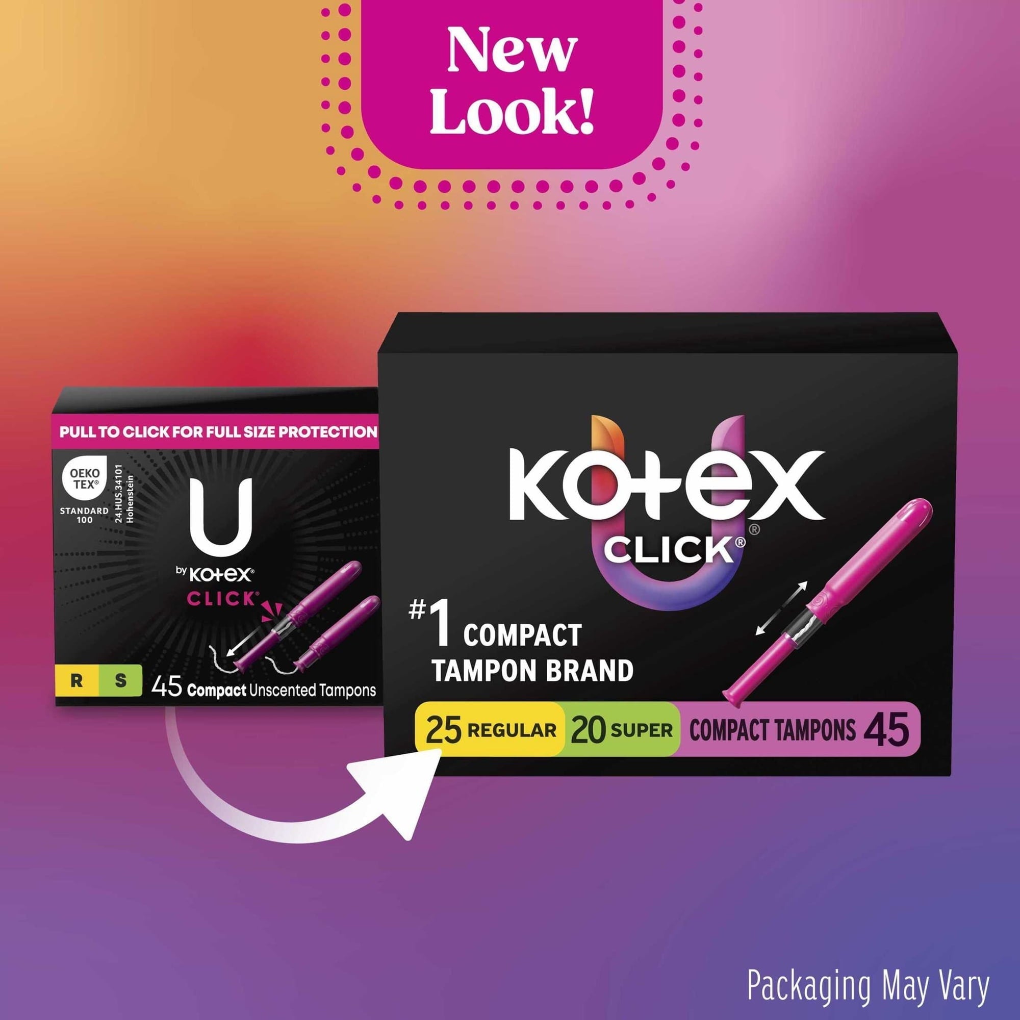 Kotex Click Compact Multipack Tampons, Regular/Super, Unscented, 45 Count (PACK OF 3 )