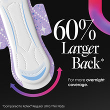 Kotex Maxi overnight pad showing wider back coverage detail and arrows