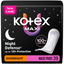 Kotex Maxi overnight pads, 39 count pack with Night Defense pad graphic