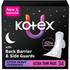 Kotex Ultra Thin Overnight Pads with Wings, Extra Heavy Absorbency, 34 Count (PACK OF 3 )