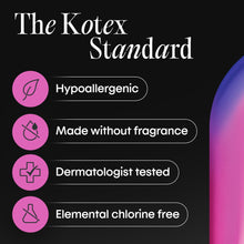 Kotex pads package panel with Hypoallergenic, fragrance-free and dermatology tested icons