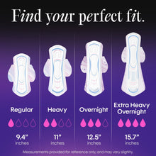 Ultra thin pad size guide showing Regular, Heavy, Overnight, and Extra Heavy Overnight