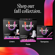 Kotex pads display featuring liners, pads, and tampons boxes in one lineup