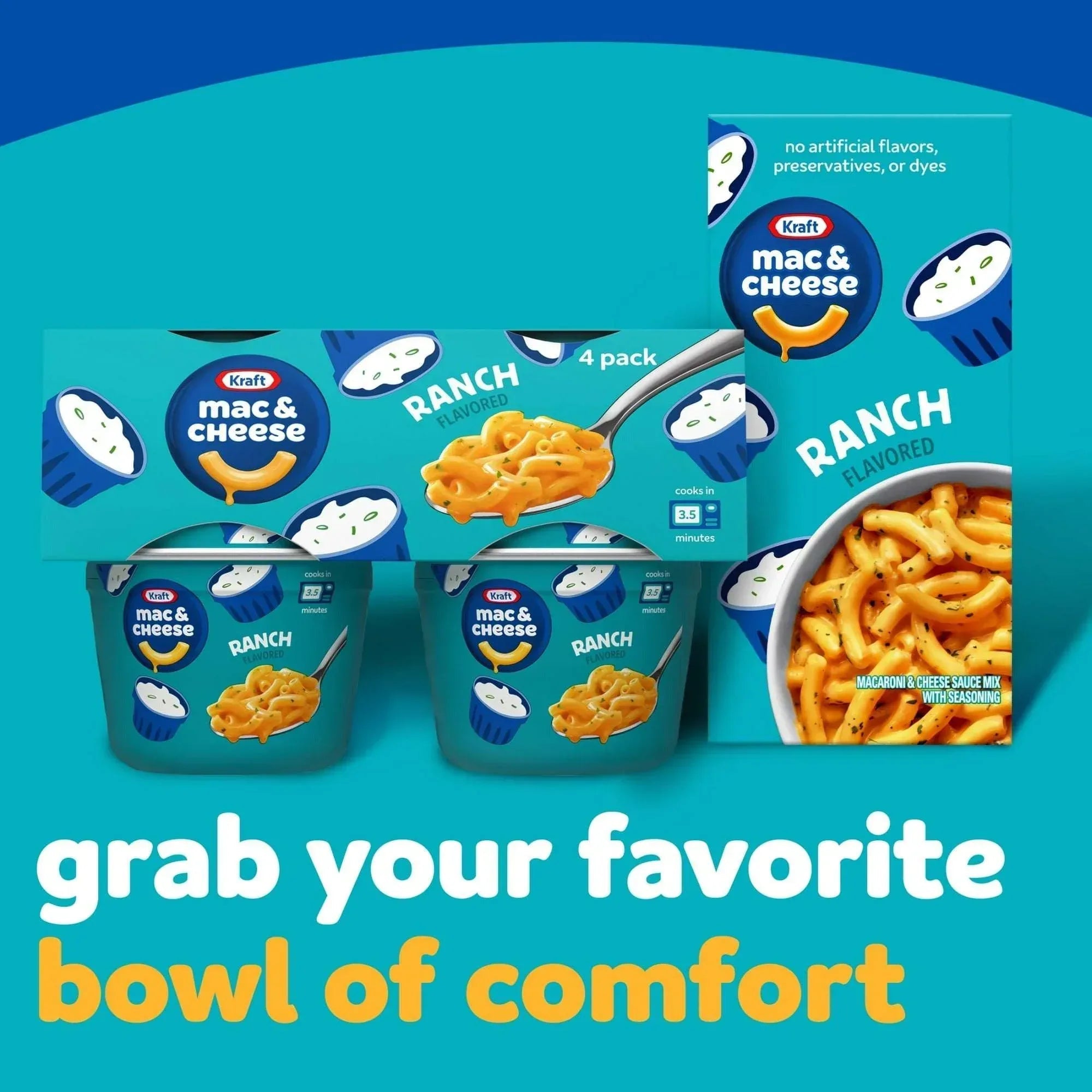 Kraft Mac and Cheese, 4 Cups, for Easy Dinner or Dinner Sides, Ranch Flavored, No Artificial Flavors, Preservatives or Dyes, 2.05 oz