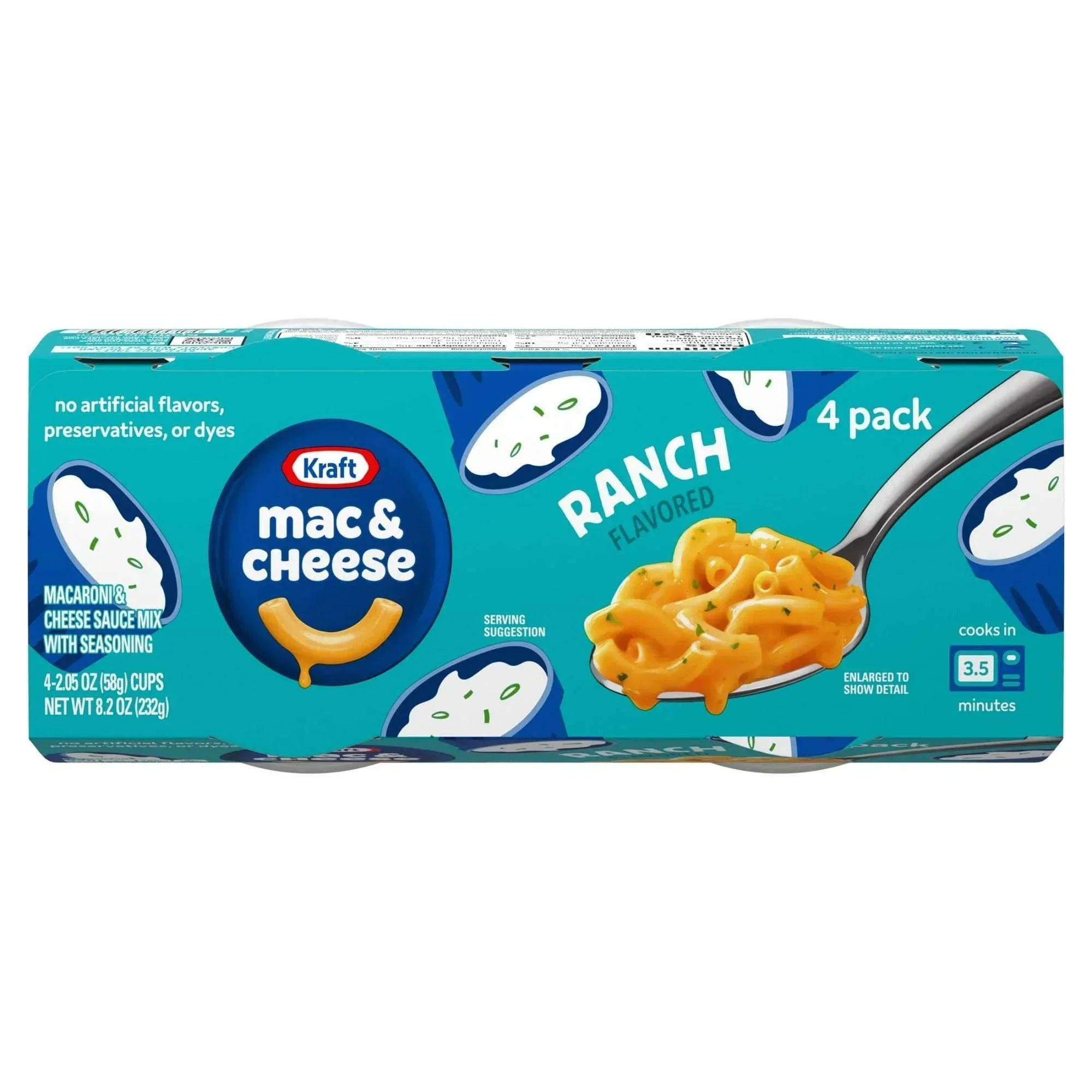 Kraft Mac and Cheese, 4 Cups, for Easy Dinner or Dinner Sides, Ranch Flavored, No Artificial Flavors, Preservatives or Dyes, 2.05 oz