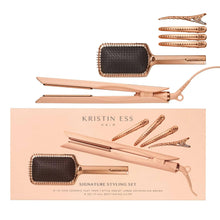 Rose gold 3-in-1 ceramic flat iron with paddle brush and multiple sectioning clips