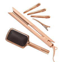 Rose gold 3-in-1 ceramic flat iron with sectioning clips and paddle brush