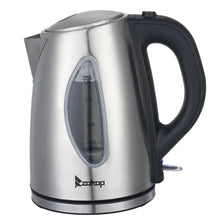 Stainless steel electric kettle with black handle and lid, water window on front.