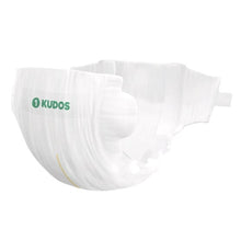 Kudos white diaper with green logo and yellow wetness indicator