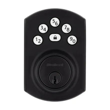 Matte black electronic keypad deadbolt lock front view with circular thumbturn keypad.