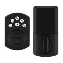 Matte black electronic keypad deadbolt lock keypad and exterior deadbolt cover.