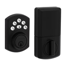 Matte black electronic keypad deadbolt lock with keypad panel and matching exterior.