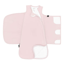Baby sleep bag swaddler blush pink with zipper, shoulder opening, and covered hands