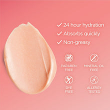 Rosy cream gel sample with hydration and ingredient icons