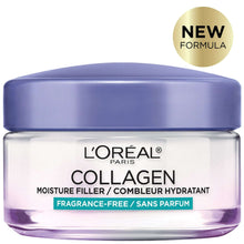 L'Oreal Collagen Moisture Filler cream jar with blue lid, fragrance-free