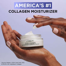 L'Oreal Collagen Moisture Filler jar held in hands with white cream dollop