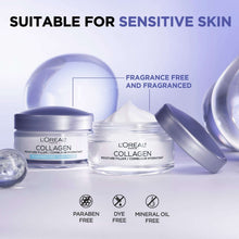 Collagen moisturizer trio of jars with purple lids; fragrance-free and dye-free