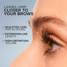 Mascara-coated eyelashes with curved lash lift near the eye