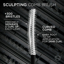 Black mascara tube with sculpting comb brush for separating and curling lashes