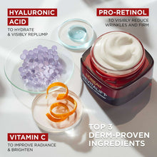 Face moisturizer jar with white cream, hyaluronic acid and vitamin C icons