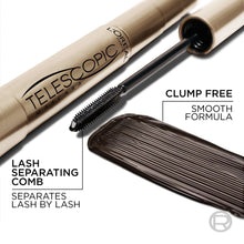 Telescopic mascara tube with lash separating brush and clump-free comb