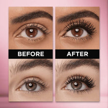 Mascara before-and-after eye look showing fuller, longer lashes on the after panel