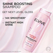 Elvive shampoo bottle, pink; Shine Boosting Shampoo branding on label