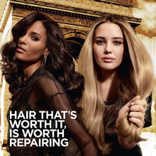 Hair repair treatment marketing with two women holding long hair, printed text