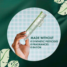 Organic cotton tampon held in hand, made without synthetic pesticides or fragrances