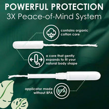 Tampon with applicator and core diagram, BPA-free system