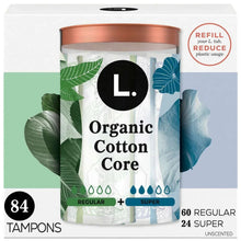 84-count organic cotton core tampons box, regular and super, unscented