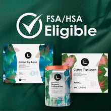L. organic cotton pad products collage with FSA/HSA eligible check mark