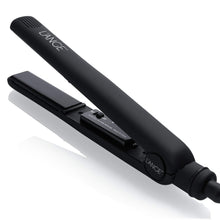 Black ceramic flat iron hair straightener with ridged grip and rounded end cap