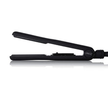 Black ceramic flat iron hair straightener opened to show plates and hinge
