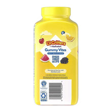 Kids multivitamin gummy supplement bottle back label with QR code and icons