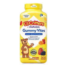 Kids multivitamin gummy supplement bottle, yellow with bear and lemon graphics