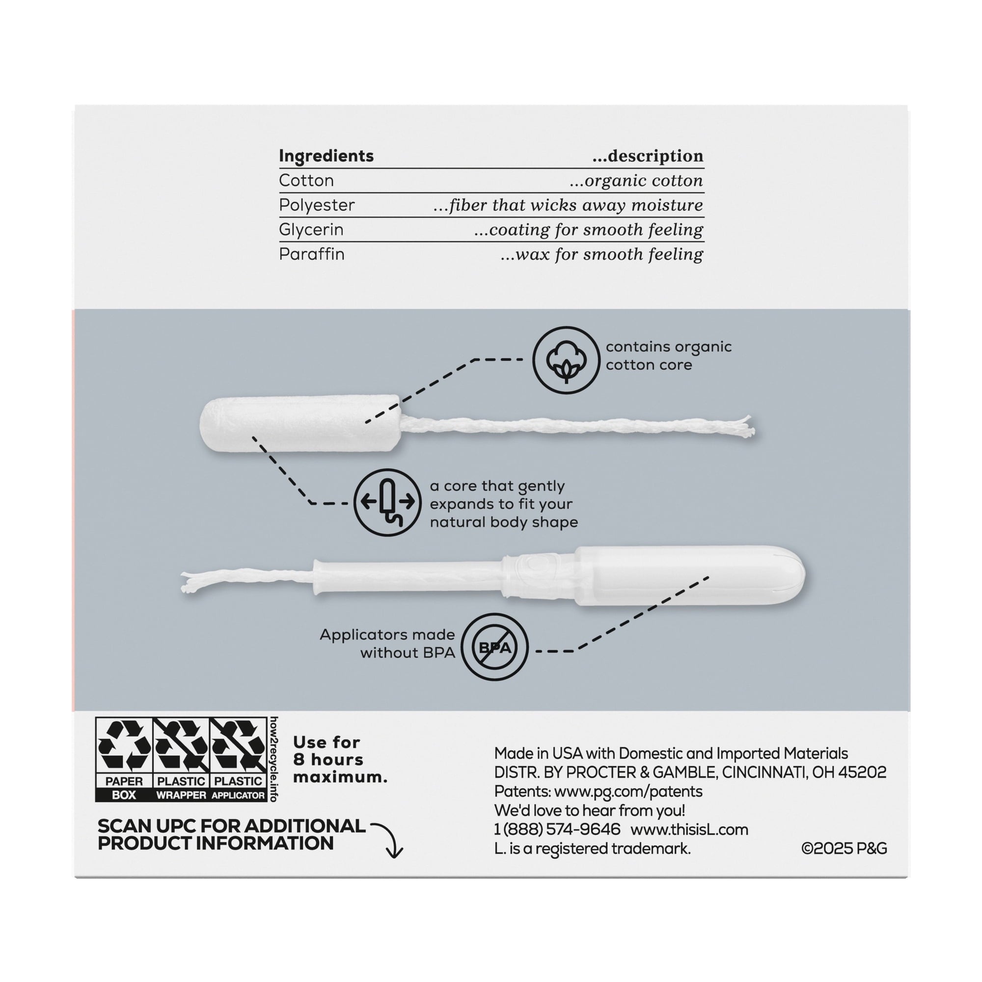 L. Tampons Super/Super Plus Absorbency, Made with Organic Cotton, 36 CT (PACK OF 3 )