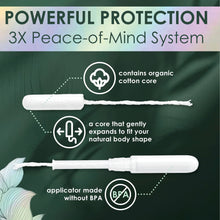 Tampon with applicator, organic cotton core that gently expands to fit