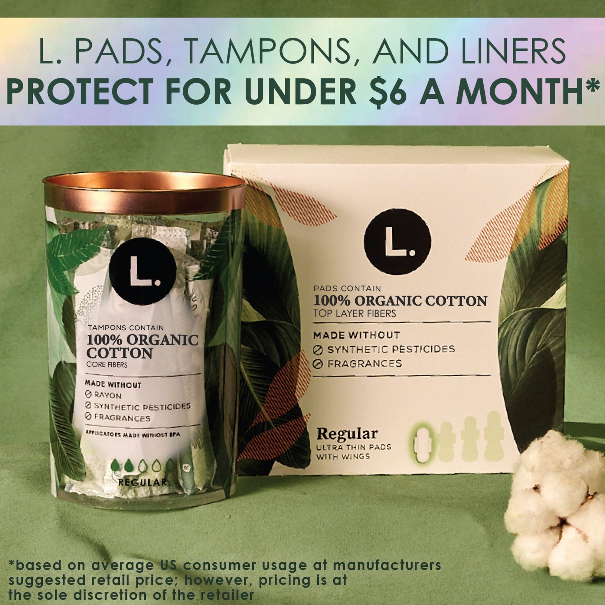 L. Tampons Super/Super Plus Absorbency, Made with Organic Cotton, 36 CT (PACK OF 3 )