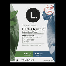 Unscented tampons box with L. logo, 18 count, regular & super absorbency