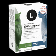 Unscented L. tampons box, 18 count, 10 regular and 8 super, organic cotton