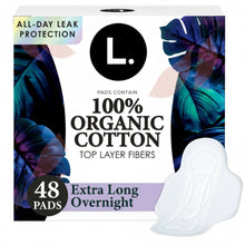 Organic cotton top layer overnight extra-long ultra-thin pads, 48 count box with pad