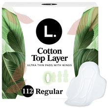 Ultra-thin regular menstrual pads with wings, white, organic cotton top layer, 112 count