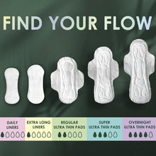 Assorted pad sizes shown: daily liners, extra long, regular ultra-thin, super, overnight