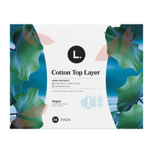 Cotton top layer super pads pack showing 56-pad count and L. logo