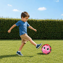 Ladybug character soccer ball toy, pink and red panels with black spots and a smiling face.
