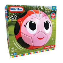 Boxed ladybug character soccer ball toy, pink with black spots and big friendly eyes.