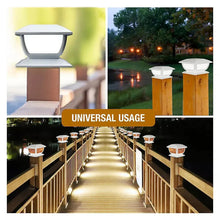 Two white solar post cap lights on wooden posts, one daytime and one nighttime