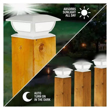 White solar post cap light on wooden post, glowing LED window panels
