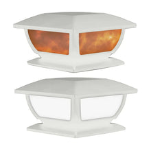 Two white solar post cap lights with amber window panels, square top housings